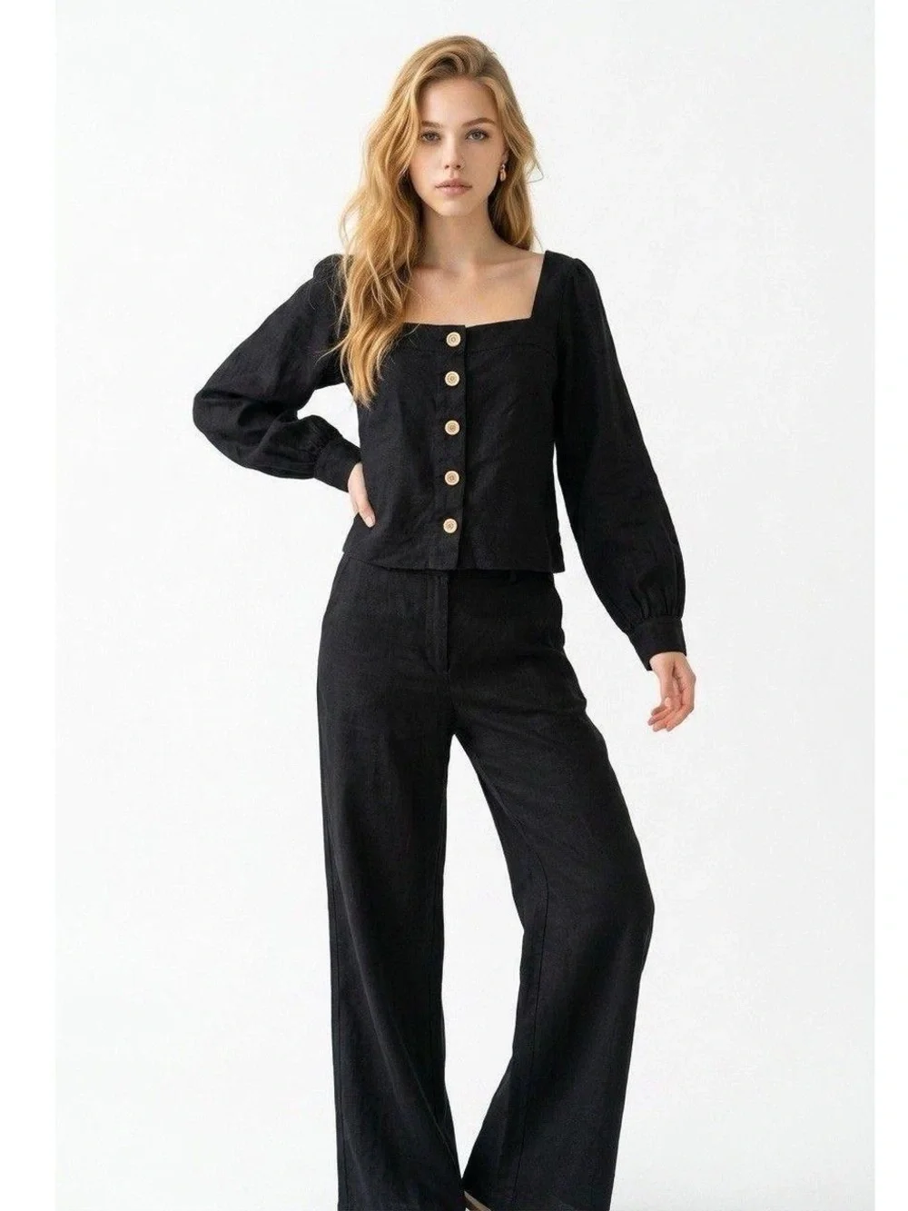 J. Crew Black Square-Neck Button Front Puff Sleeve Blouse In Linen